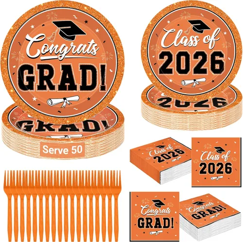 Miniatura 11 de QZYL 200 suministros para fiesta de graduación 2026, platos y servilletas de graduación negros y dorados, platos de postre desechables y tenedores