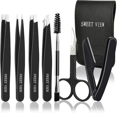 SWEET VIEW Juego de 7 pinzas para cejas para mujeres, pinzas de precisión con tijeras para cejas y navaja y bobina para depilación facial, barbilla,