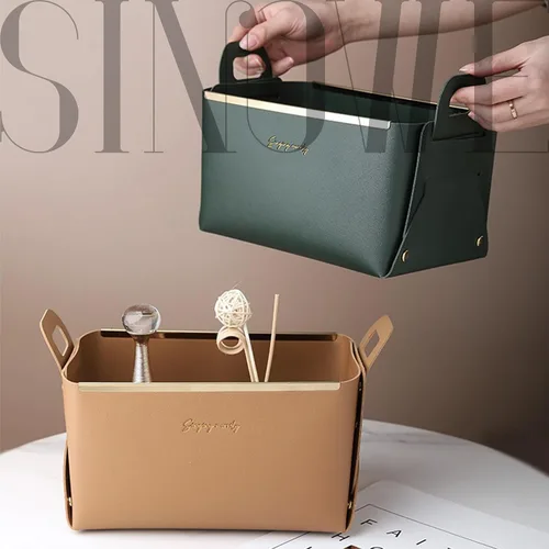 Miniatura 3 de Cesta decorativa de piel sintética, cesta pequeña para entrada, mesita de noche, cómoda, caja organizadora rectangular plegable (marrón)