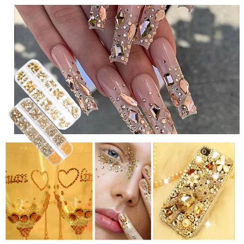 Miniatura 6 de 2680 diamantes de imitación para uñas color dorado champán, 120 dijes grandes de uñas doradas, piedras preciosas de diamante con cuentas redondas K9