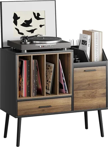 Miniatura 9 de Semiocthome Soporte para tocadiscos con caja de almacenamiento de vinilo anidable, mesa de tocadiscos con cajón, un gabinete, área de almacenamiento