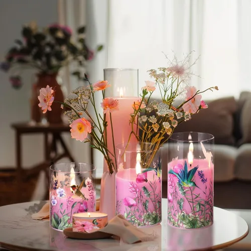 Miniatura 6 de Eywamage Velas de cristal sin llama de colibrí rosa con control remoto, velas LED parpadeantes de pilar de batería, juego de 3, decoración