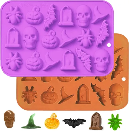 VICDUEKG Molde de chocolate de Halloween, 2 piezas de molde de silicona para hornear de Halloween, calabaza, murciélago, calavera, molde de silicona