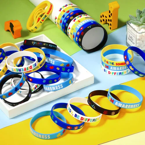 Miniatura 4 de Yinkin 50 pulseras de concientización sobre el autismo, pulseras inspiradoras para autismo, pulseras motivacionales de silicona coloridas