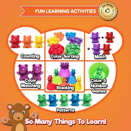 Miniatura 3 de Osos de conteo jumbo con tazas apilables, juguetes educativos Montessori de arcoíris para niños y niñas de 3 años con 48 manipuladores matemáticos
