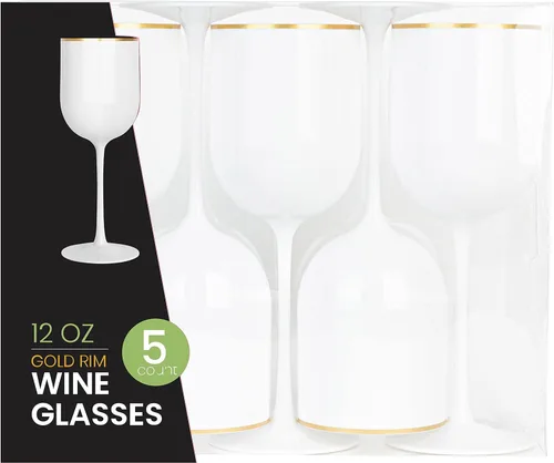 Miniatura 15 de Juego de 10 copas de vino de plástico con borde dorado, copas de vino elegantes copas de vino de plástico duro Champaign tazas en tallo de 12 onzas