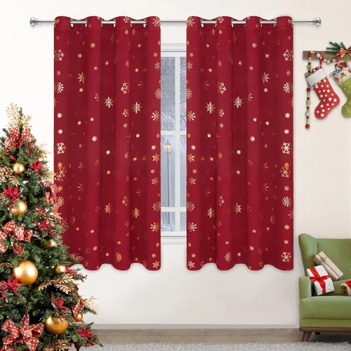 Miniatura 17 de FRAMICS Cortinas de Navidad con estampado de copos de nieve dorados en papel de aluminio, cortinas opacas con aislamiento térmico para sala de estar