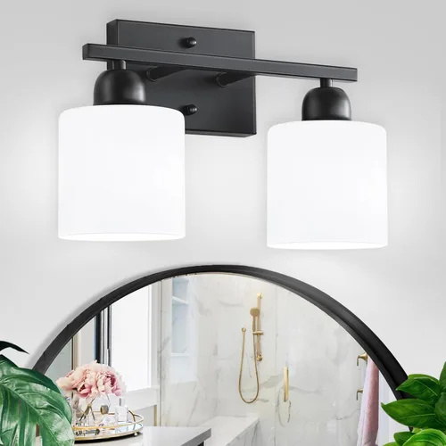Miniatura 21 de Luz de baño de níquel cepillado, Luz de tocador de baño de 2 luces de níquel cepillado, Lámpara de tocador con pantallas de vidrio esmerilado blanco
