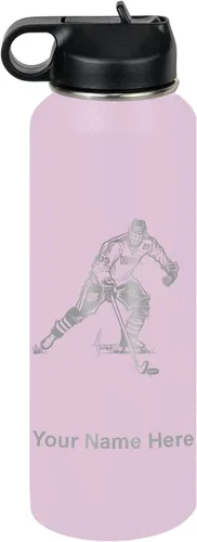 Miniatura 74 de LaserGram Botella de agua personalizada, jugador de hockey, acero inoxidable de doble pared aislada al vacío con popote superior, regalo grabado