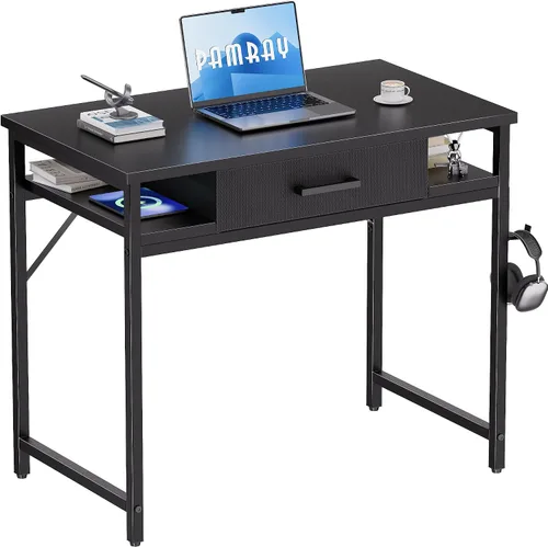Pamray Escritorio pequeño para computadora de 32 pulgadas con cajón y estantes, mesa de trabajo de estudio simple para dormitorio, color negro