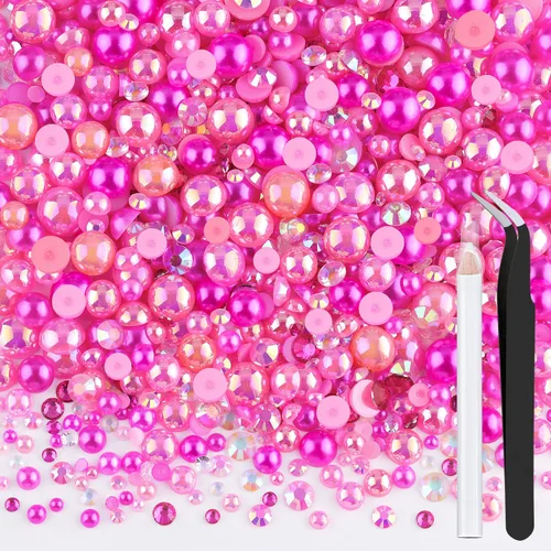 Miniatura 7 de 100g de cuentas de perlas planas y diamantes de imitación, 1-Rosa y blanco, tamaño mixto de 3-10mm, resina, diamantes de imitación y medias perlas