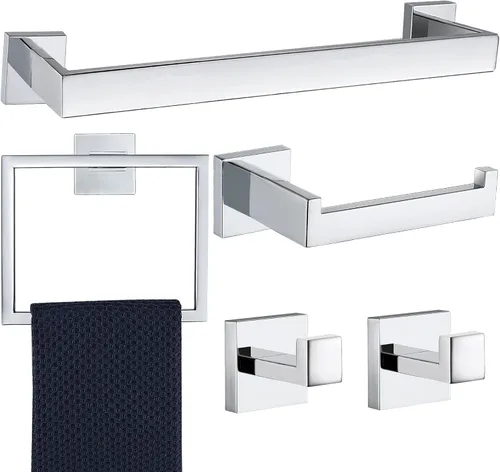 Miniatura 13 de Juego de 5 piezas de accesorios de ferretería para baño en negro mate, juego de toalleros cuadrados de 16 pulgadas para baño, juego de barras