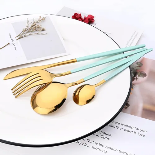 Miniatura 4 de Juego de cubiertos de espejo, 24 piezas de cubiertos de acero inoxidable 18/0 con mango verde menta, vajilla simple y moderna para cena de fiesta