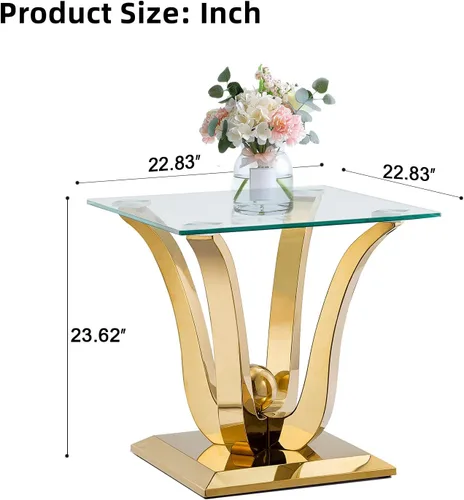 Miniatura 2 de SSLine Mesa auxiliar de cristal de lujo para sala de estar, mesa auxiliar moderna dorada con base de pedestal de acero inoxidable en forma de flor