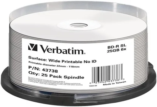 Verbatim 43738 25GB BD-R SL imprimible - Paquete de 25 husillos