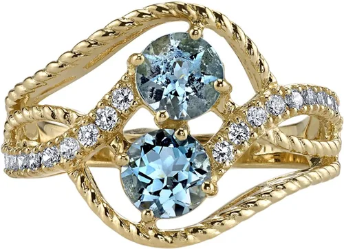 Miniatura 3 de PEORA Anillo de dos piedras aguamarina para mujer, oro amarillo de 14 quilates, piedra preciosa natural, forma redonda total de 1 quilate, tallas 5