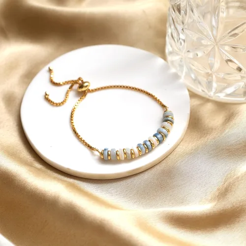 Miniatura 33 de Natural Heishi Beads With Spacers Slider Bracelet Gemstone Healing Jewelry With 14k Yellow Gold Plated 8- Inch Adjustable Length