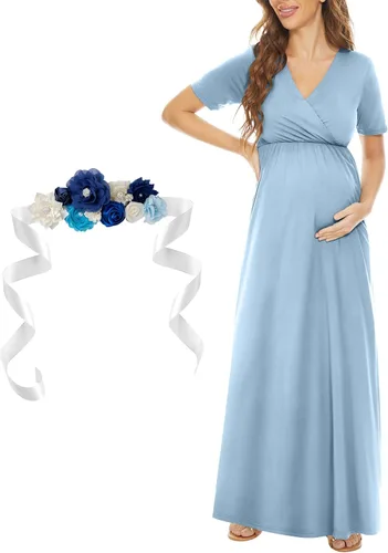 Miniatura 3 de Kim S Vestido largo de maternidad con banda de flores (S-3XL), vestido de fiesta baby shower con cuello en V fruncido