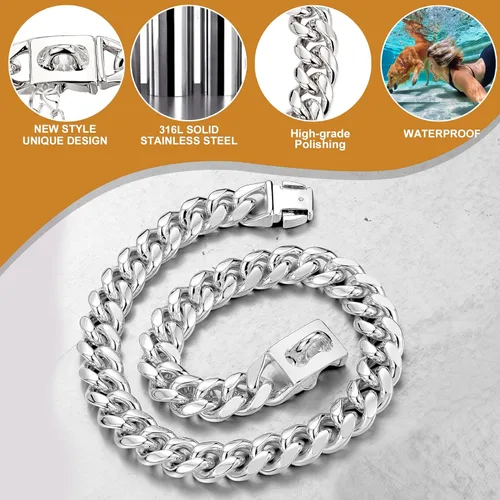 Miniatura 4 de Collar de cadena para perro, collar de acero inoxidable resistente de 0.394 pulgadas con eslabones cubanos, cadena de metal para perro con hebilla a