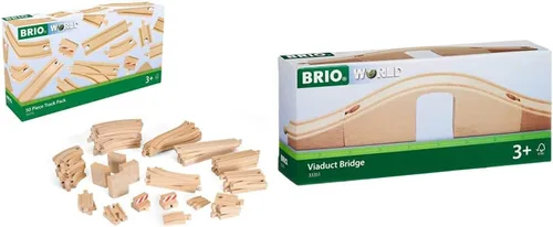 Brio 33772 Paquete especial de rieles | 50 piezas de pistas de madera y accesorios de tren para niños de 3 años en adelante y puente de viaducto