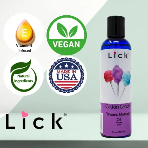 Miniatura 6 de Lick Cotton Candy - Aceite de masaje comestible inspirado en dulces con vitamina E, deslizamiento seguro para el cuerpo sedoso para momentos