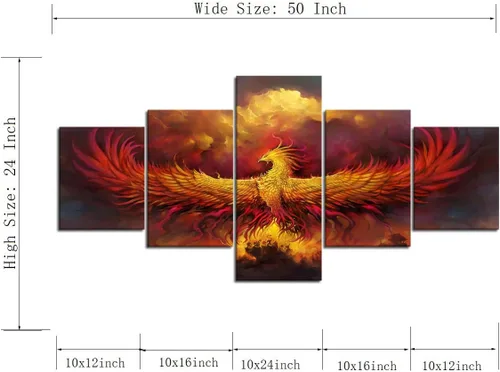 Miniatura 6 de 5 piezas de pintura sobre lienzo ardiente de fénix dibujado en estilo heráldico fuego fénix arte de pared vintage impresiones obras de arte arte