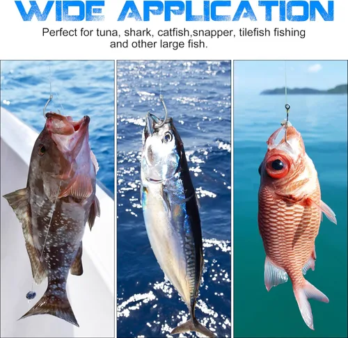 Miniatura 9 de Ganchos circulares de pesca de agua salada, 20 ganchos circulares en línea de acero inoxidable, 2 ganchos grandes extra fuertes, ganchos circulares
