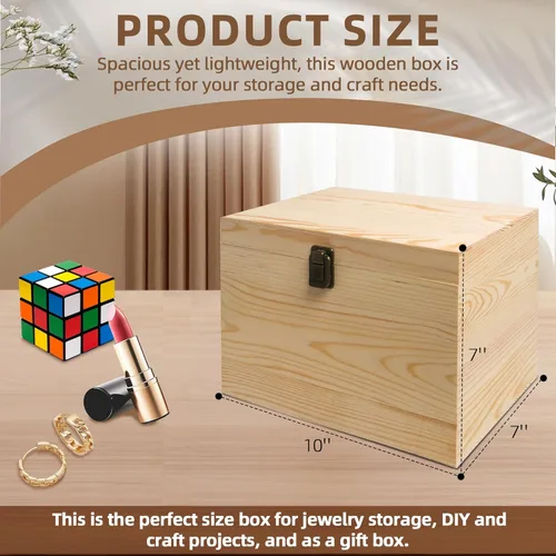 Miniatura 2 de Caja de madera sin terminar de 10 x 7 x 7 pulgadas con tapa con bisagras y cierre frontal para bricolaje, proyectos de arte, manualidades, recuerdos