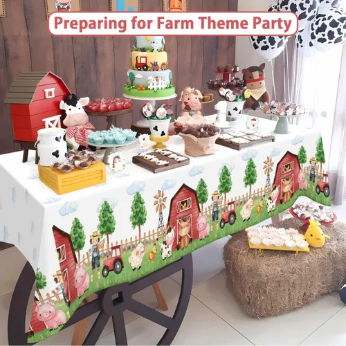 Miniatura 2 de Mantel rectangular de plástico de 3 piezas de 54 x 108 pulgadas, suministros de fiesta de cumpleaños de granero, decoración para baby shower, niños