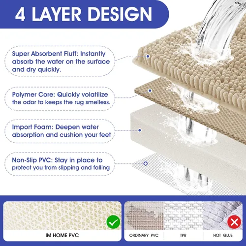 Miniatura 4 de ACCUMTEK - Juego de alfombras de baño a rayas beige de 3 piezas, ultrasuaves, antideslizantes de chenilla, alfombras de baño mullidas y absorbentes