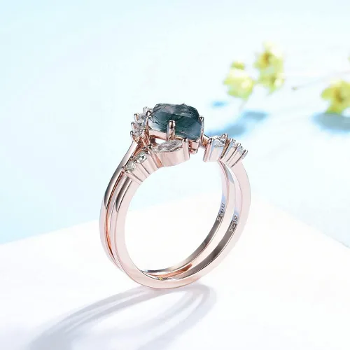 Miniatura 3 de Anillo de plata de ley 925 con piedra preciosa de musgo natural para mujer, corte de cometa, juego de anillos de compromiso de plata 925, Plata