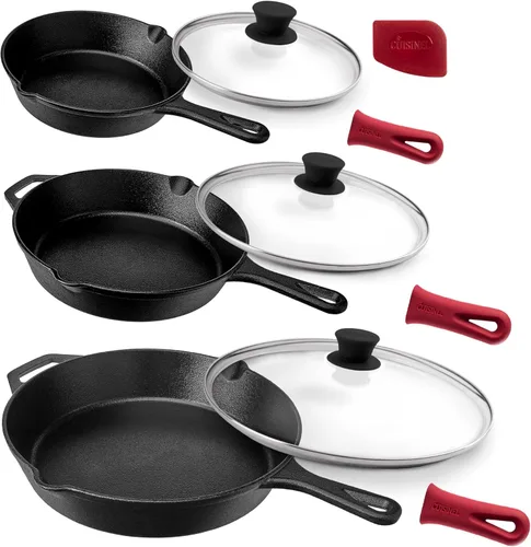Miniatura 12 de Cuisinel Juego de sartenes de hierro fundido, sartén de 8 pulgadas + 12 pulgadas + tapas de vidrio, utensilios de cocina pre-sazonados, soportes