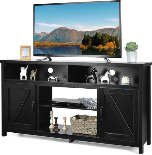 Tangkula Moderno soporte de TV de granja, gabinete de almacenamiento de 59 pulgadas para televisores de hasta 65 pulgadas, puertas dobles de Negro