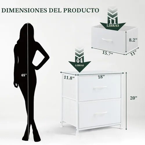 Miniatura 3 de Mesita de noche, pequeña cómoda de 2 cajones mesa auxiliar muebles de cabecera, contenedores de tela con superficie de madera para dormitorio, Blanco