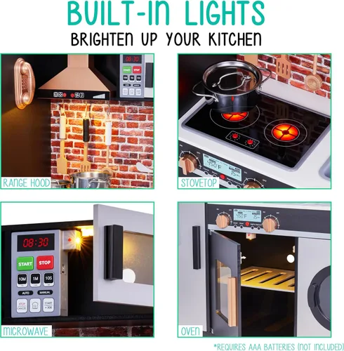 Miniatura 5 de Lil' Jumbl Jumbl - Juego de cocina para niños, cocina de madera de simulación, máquina de hielo a pilas, microondas, campana extractora, estufa