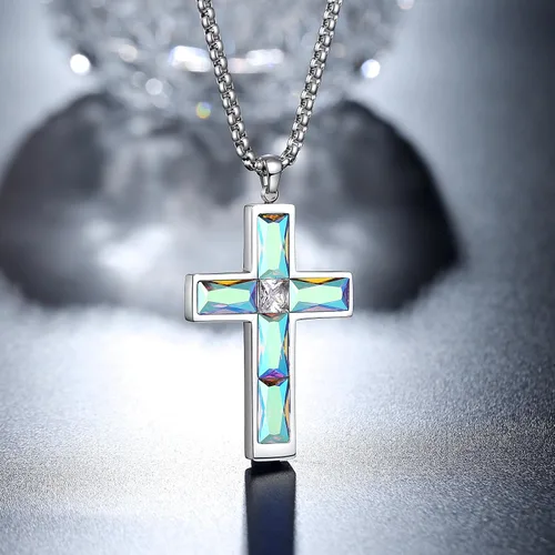Miniatura 54 de Collar de cruz para hombre, piedras preciosas de color piedra natal de circonita cúbica, collar de acero inoxidable para hombre, cadena de 24