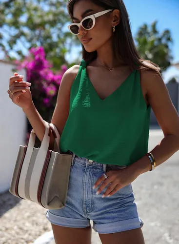Miniatura 3 de Camisetas sin mangas de moda para mujer, cuello en V, detalle anudado, blusas sin mangas