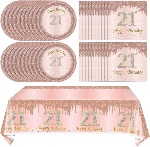 Miniatura 26 de Ryzovo - Decoraciones de cumpleaños 50 para mujer, platos de papel desechables negro y oro rosa, suministros de fiesta para 20 invitados, 41 piezas