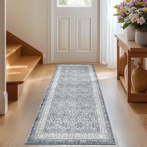 Miniatura 128 de Jinchan Fiora - Alfombra redonda de 8 pies, alfombras vintage con diseño floral envejecido, lavable a máquina, antideslizante, de pelo bajo, Azul
