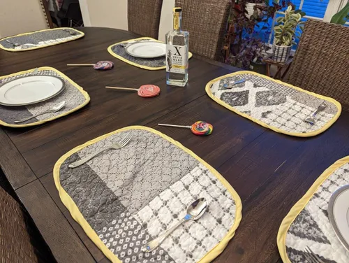 Handcrafted in the USA, Set of 6 Patchwork Quilted Placemats: 100% Cotton Embodying Farmhouse Elegance in Artisan's Harmony of Grey Shades and Yellow