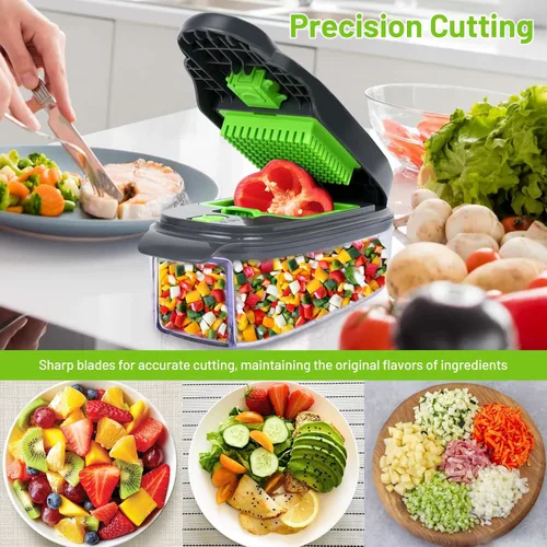 Miniatura 2 de Picador de verduras 13 en 1 Picador de cebolla · Picador de verduras con recipiente · Picador de ensalada · Cortador de patatas – Regalo