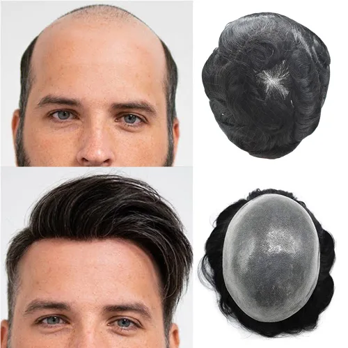 Miniatura 47 de Toupee para hombres Sistema de reemplazo de cabello humano real duradero invisible para hombre Toupee Hair Piece para hombres Poly Men Sistema