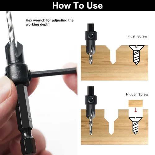 Miniatura 4 de Juego de Brocas Avellanadas GMTOOLS, 3 Piezas de Brocas Cónicas M2 HSS, con Vástago Hexagonal de 1/4" de Cambio Rápido y Llave Allen, Juego