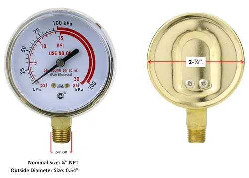 Miniatura 2 de SÜA - Manómetro de baja presión para reguladores de acetileno/propano de servicio pesado 0-30 psi - 2.5 pulgadas - Rosca: 1/4" NPT