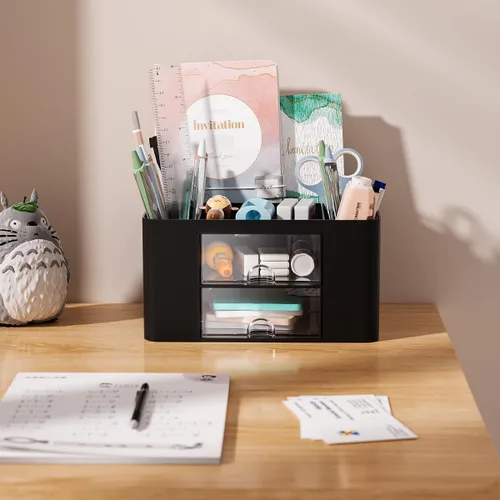 Miniatura 3 de Organizador de escritorio Vimbo de 7 rejillas con cajón – Organizador de mesa multifuncional de plástico y soporte para bolígrafos para la escuela