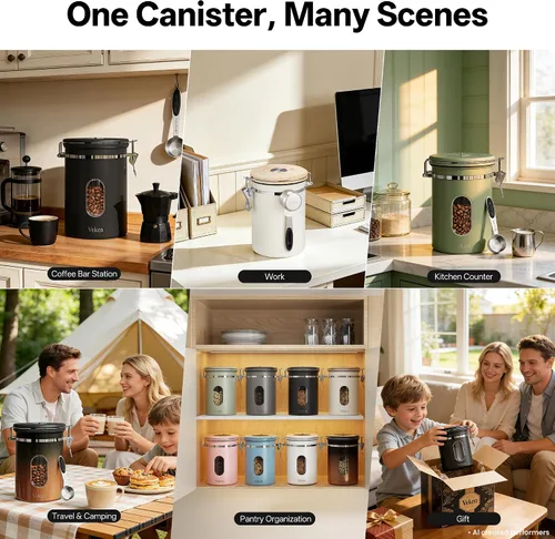 Miniatura 9 de Veken Recipiente de café con ventana, recipiente hermético de almacenamiento de alimentos de cocina de acero inoxidable con tapas, rastreador