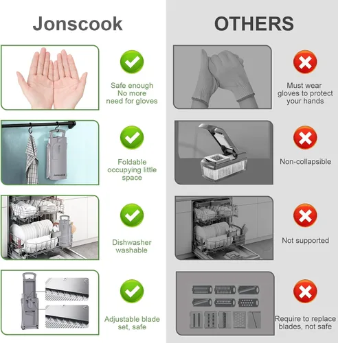 Miniatura 4 de Jonscook Recortadora de mandolina todo en 1 mejorada y segura para cocina, con espiralizador manual, picadora de alimentos con recipiente, picadora