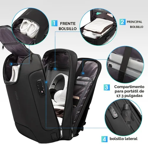 Miniatura 3 de BANGE Mochila antirrobo con puerto de carga USB, mochila de negocios ligera para hombres y mujeres.., Negro, Computadora portátil