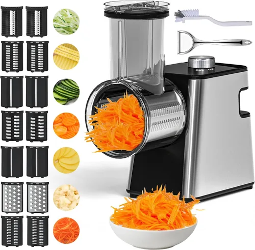 Rallador de queso eléctrico 7 en 1, rallador de queso de 300 W para queso de bloque con 14 cuchillas, pelador y cepillo en Y, triturador automático