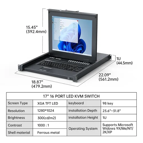Miniatura 7 de MT-VIKI Conmutador KVM para rack con monitor LCD de 17 pulgadas, conmutador KVM VGA de 16 puertos con monitor táctil de teclado, apto para rack